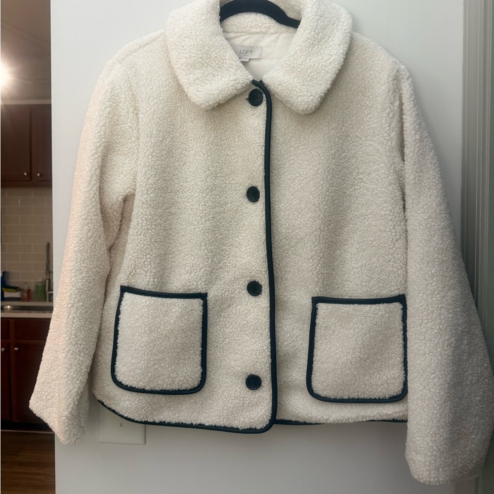 LOFT Cream Teddy Jacket with Dark Trim Accents